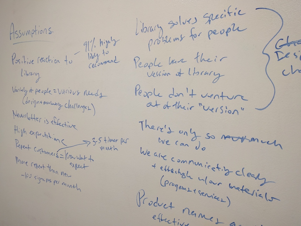 Our assumptions written on a whiteboard