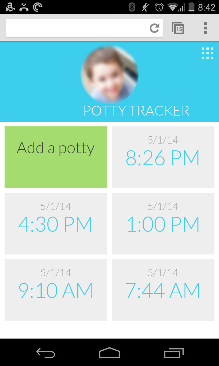 home screen of potty tracking app