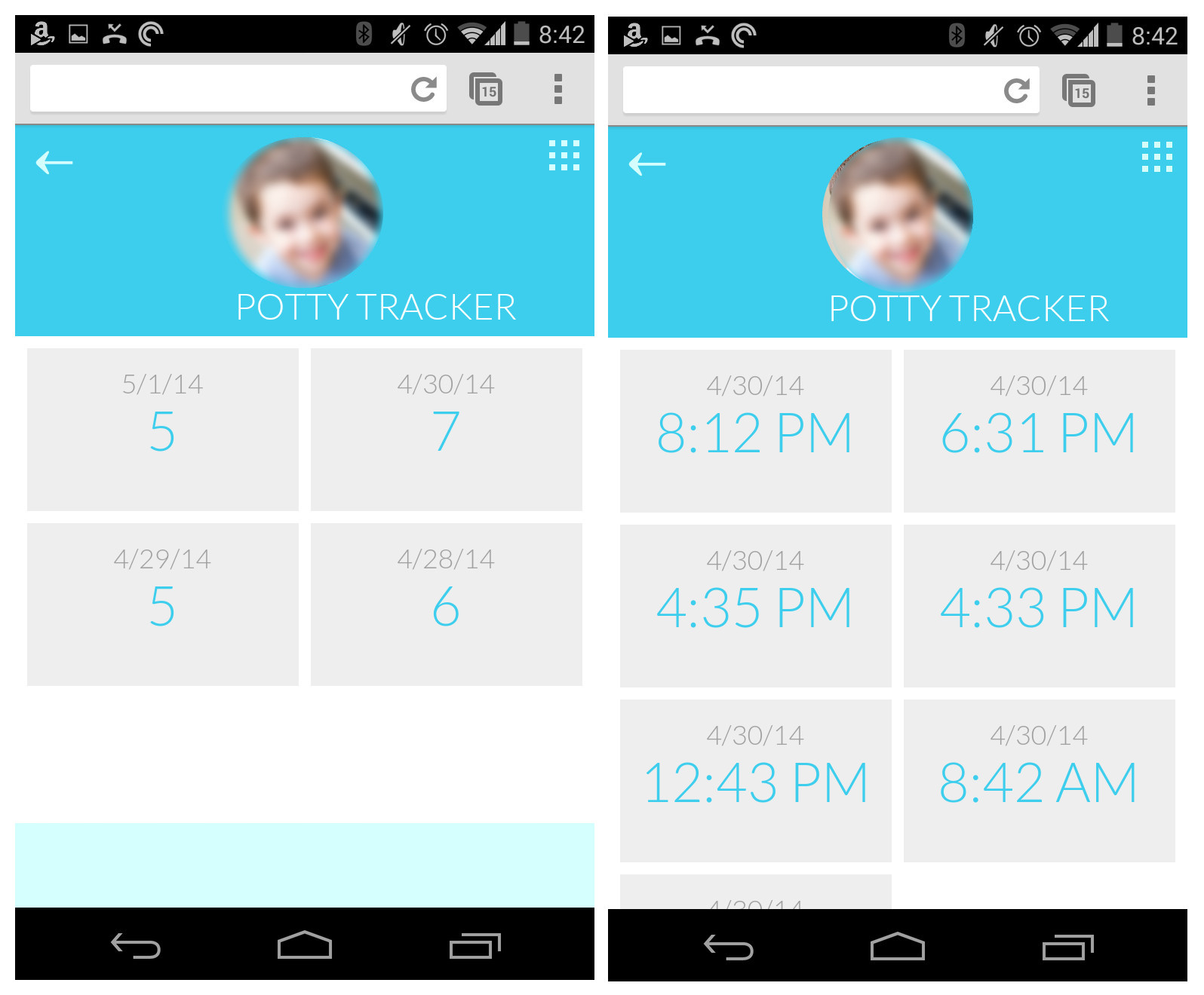 overview and detail screens of potty tracking app