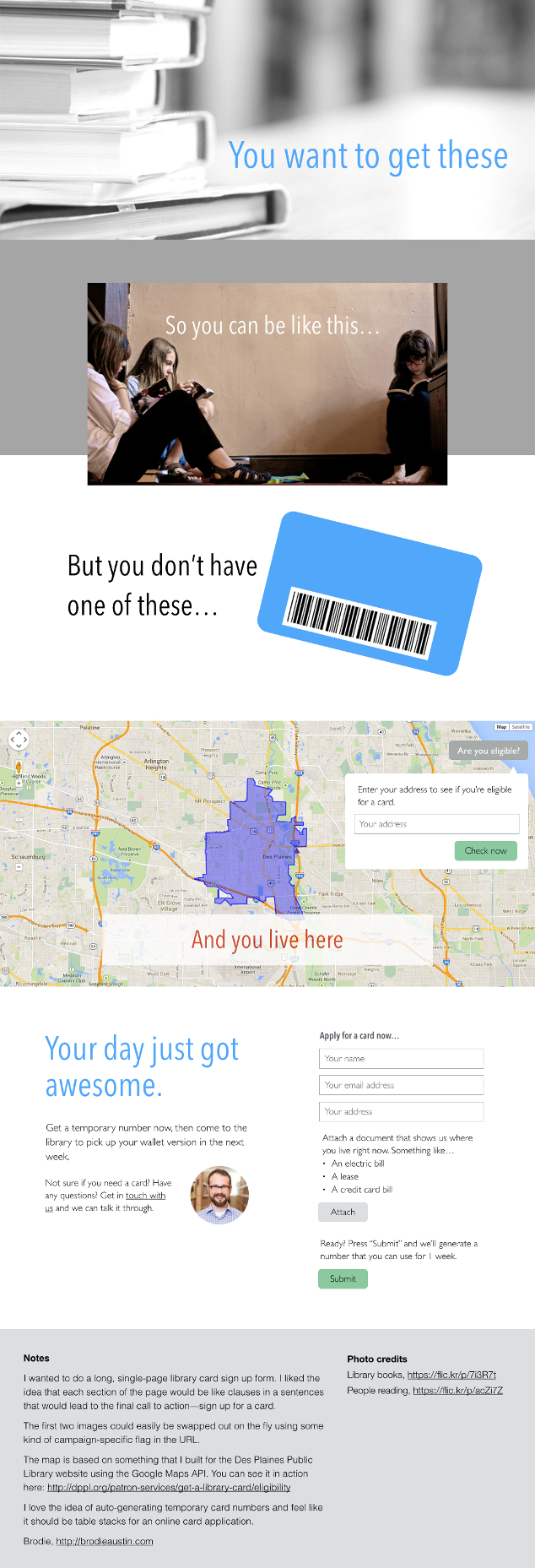 Mockup of my library card onboarding page